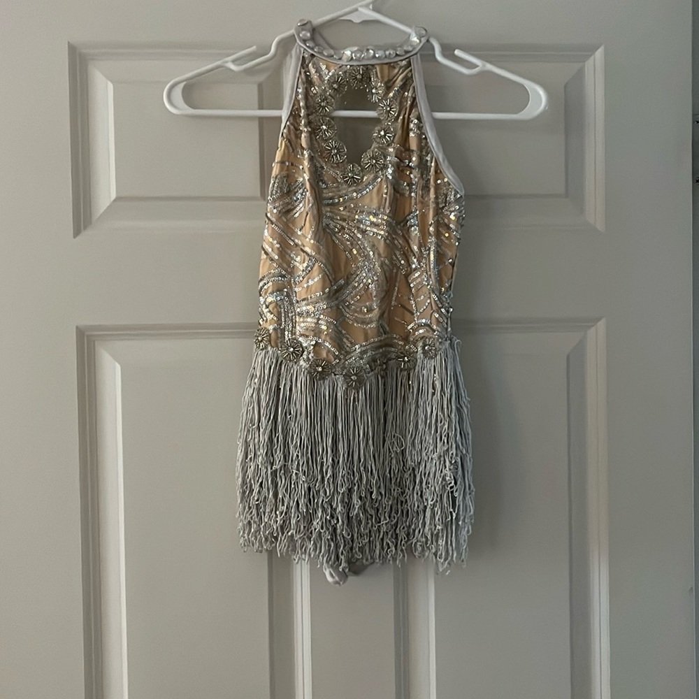 DANCE COSTUME- tan sparkle leotard, with fringe skirt, small adult